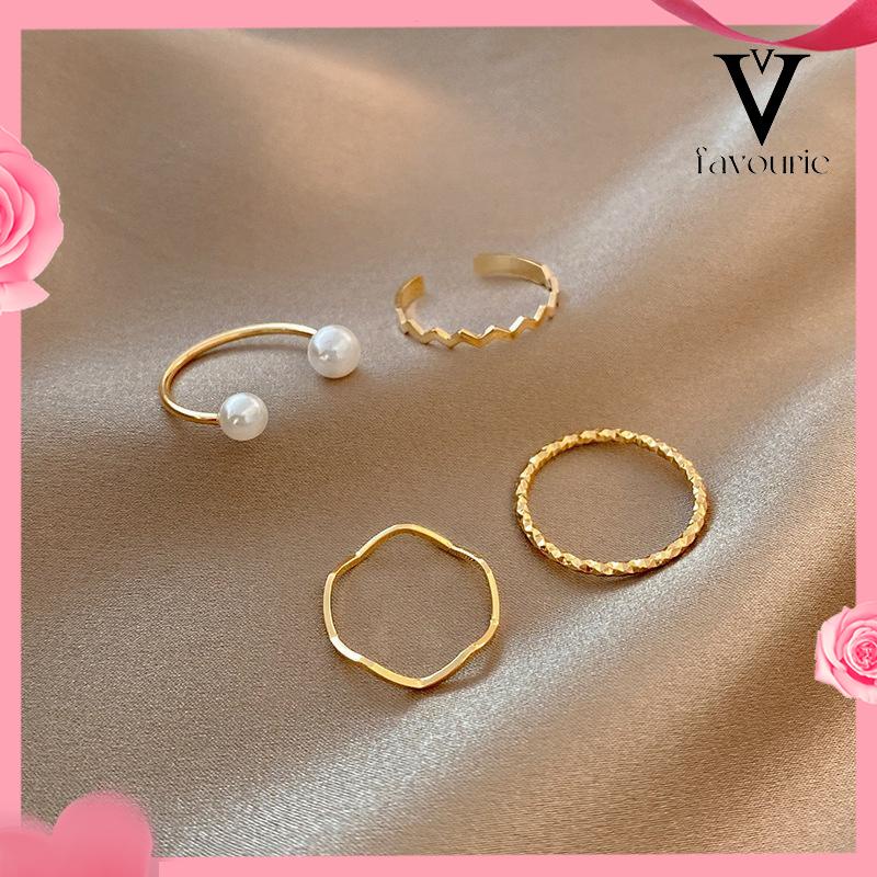 [COD]4 Pcs/set Korea Cincin Emas Untuk Wanita Sederhana Mutiara Elegan Cincin Set Dapat Disesuaikan Terbuka Perhiasan Hadiah-FA