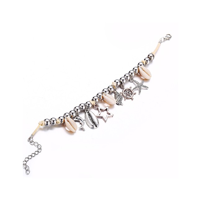 LRC Gelang Kaki Fashion Silver Silver Bead Shell Hollow Five-pointed Star Anklet F76908