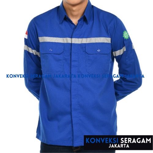 Baju Kemeja Safety K3 Lengan Panjang - Seragam Kerja Atasan Wearpack Werpack Werpak Proyek Tambang Warna Biru Benhur Pria Wanita - Konveksi Seragam Jakarta