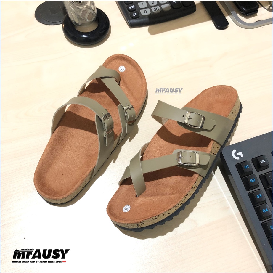 Sandal Japit Jepit Wanita Cewek Casual mrAUSY Ringan Strap 2 Gesper 2 Silang-Abu - Abu