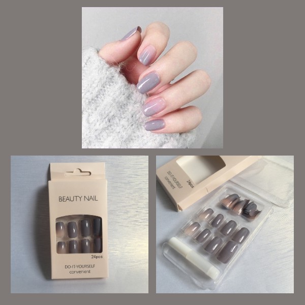 nude grey fake nails / Kuku Palsu Wanita