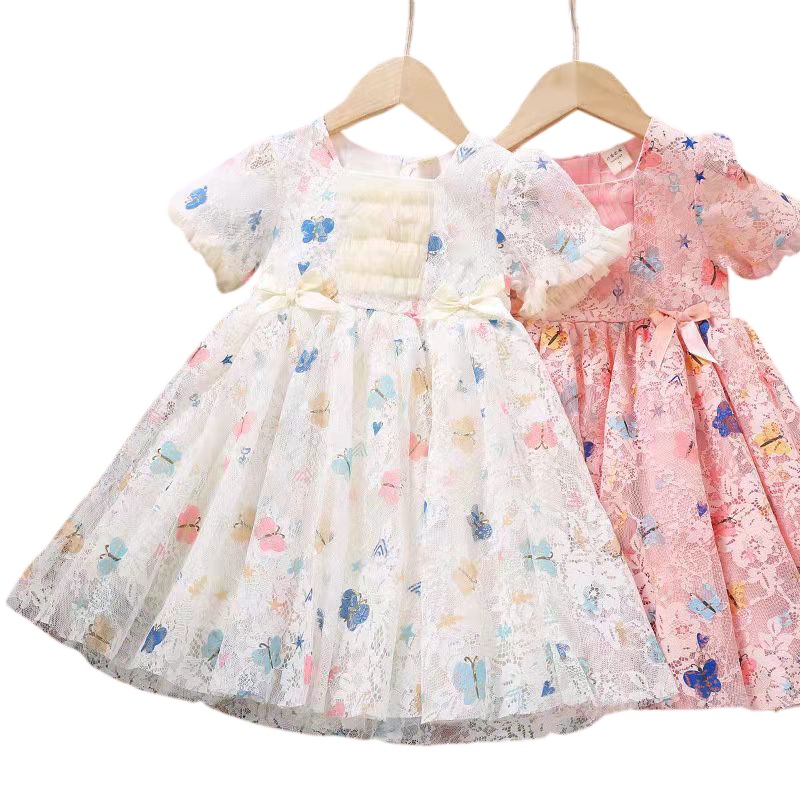 KF CAT Dress Brukat Anak Perempuan Import /Gaun Princess Pesta Lengan Pendek Ruffle Rok Panjang Renda Mewah Motif Kupu Kupu Untuk Usia 3-7 thn-8