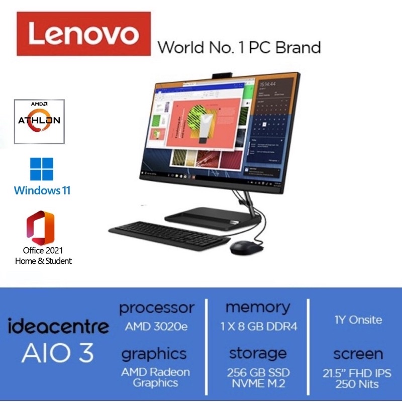 Lenovo PC IdeaCentre AIO 3 3020e Win 11 - 8GB - SSD 256GB - 21.5&quot; FHD IPS Integrated AMD Radeon DVD Wired Keyboard Mouse 66ID Black Desktop All-in-One AIO3 Terjangkau 22inch Antiglare