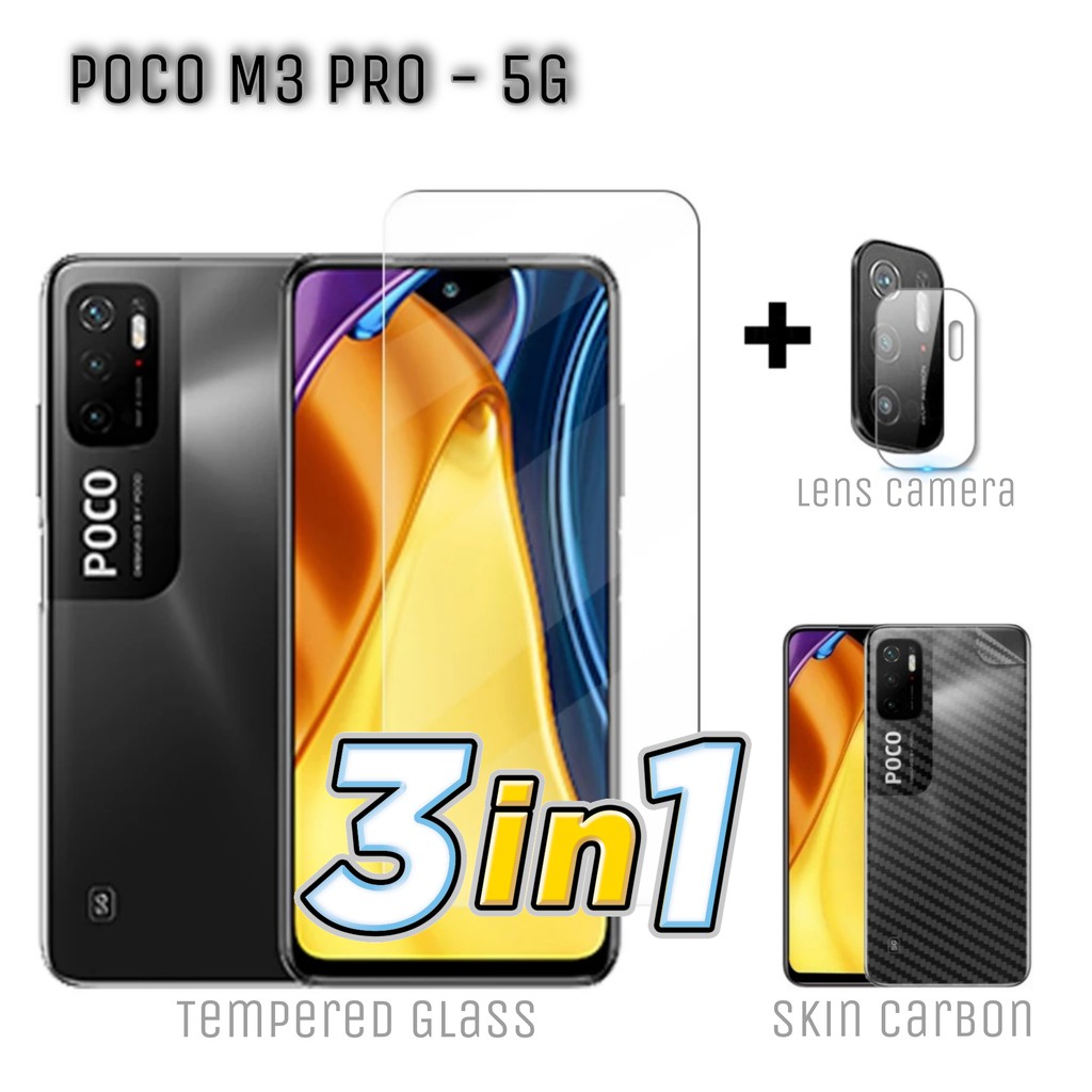 Paket 3in1 Tempered Glass Layar POCO M3 PRO 5G Paket Pelindung Kamera Belakang dan Skin Carbon