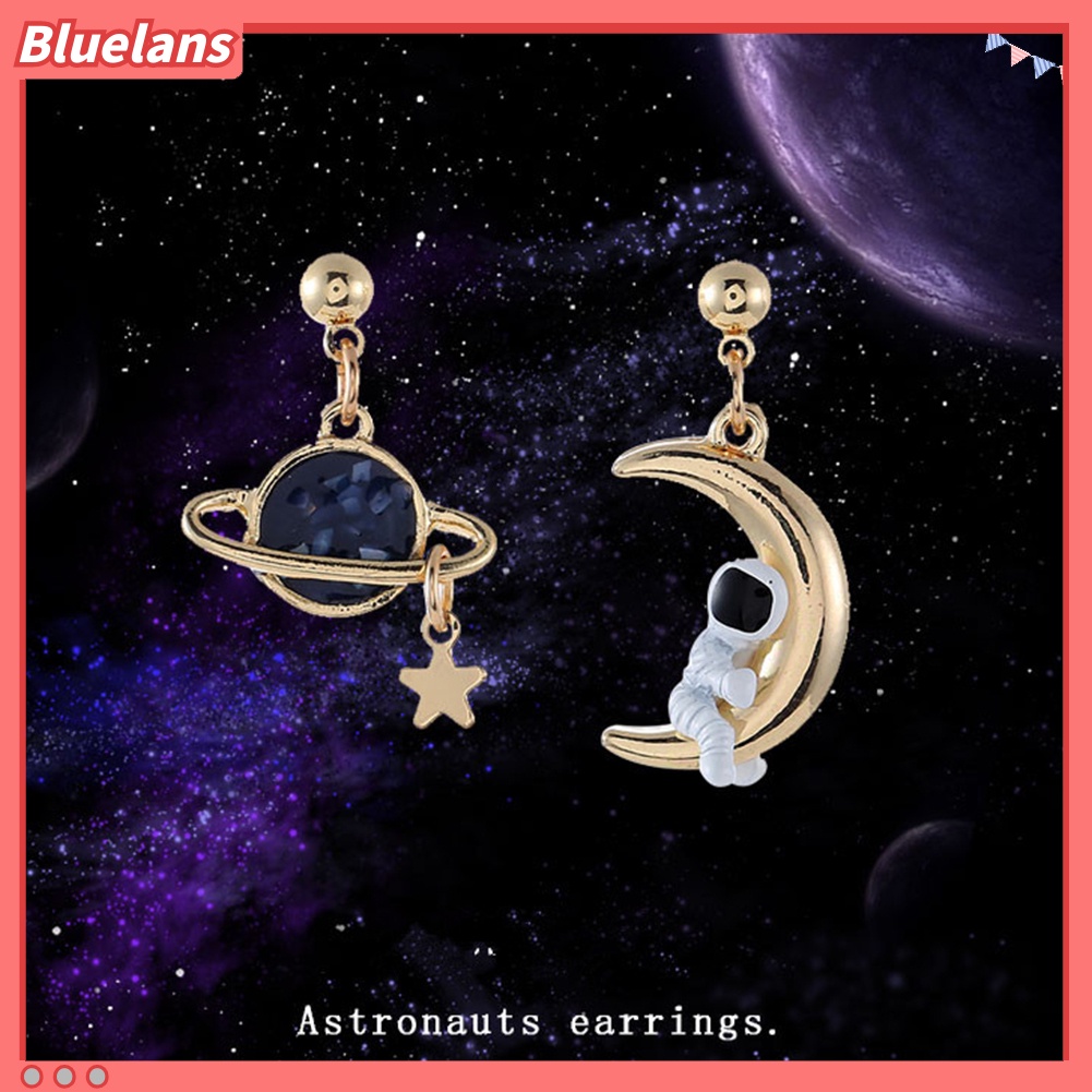 Bluelans Creative Asymmetrical Astronaut Planet Moon Pendant Women Stud Earrings Jewelry