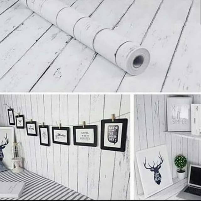 Wallpaper stiker dinding motif kayu putih vintage