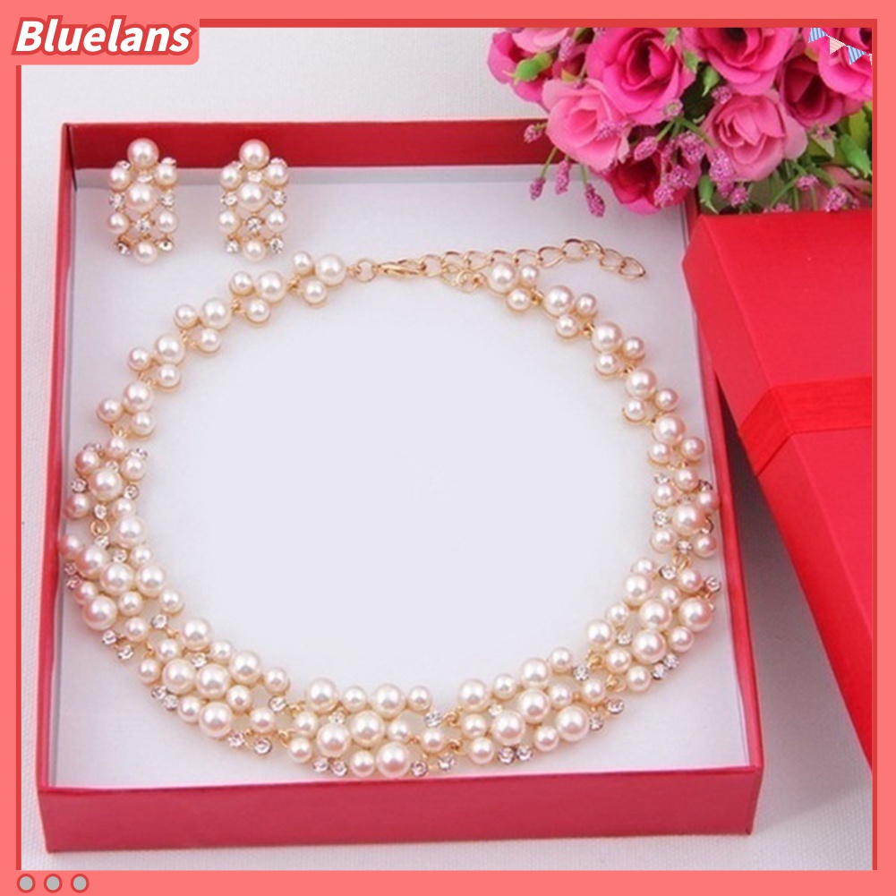 Bluelans 2Pcs / Set Kalung Dan Anting Mutiara Berlian Imitasi Untuk Wanita