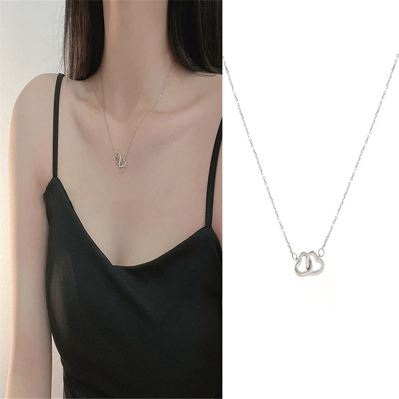 Kalung Rantai Model Double Layer Desain Hati Warna Silver Gaya Korea Untuk Wanita