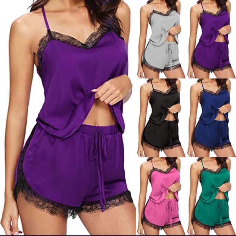 Baju Tidur Wanita Set Celana Renda Seksi + Tank Top Set Baju Tidur Malam