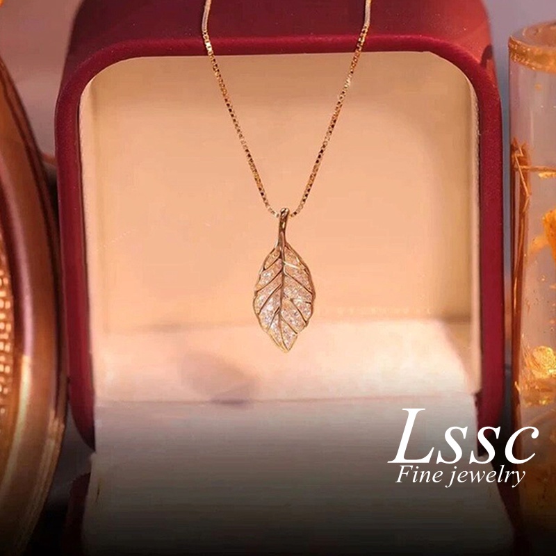 Kalung Titanium Daun Emas 18K Berlian Cantik Anti Karat Korea Perhiasan Wanita