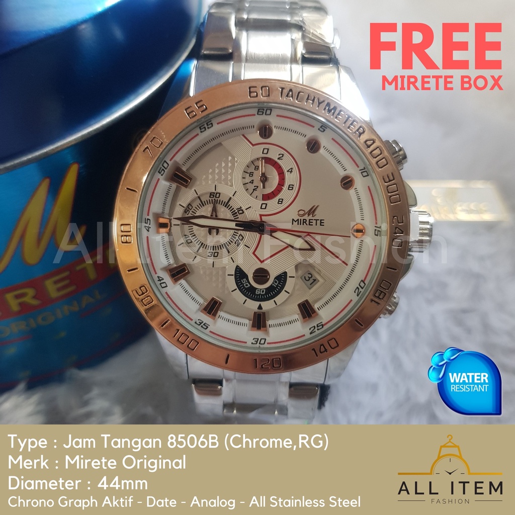 Jam Tangan Chrono Rantai MIRETE 8506B /Jam Tangan Pria Anti Air ORI / Arloji / Watches (FREE BOX)