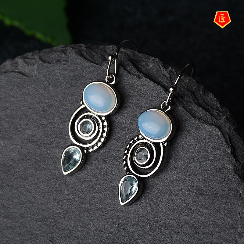 [Ready Stock]Inlaid Sea Blue Topaz Earrings for Women Creative Rotational