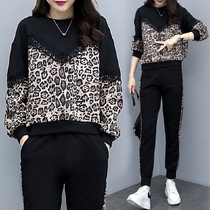 Unique Setelan Wanita Leopard Bunga Print Blus T-Shirt Renda Lengan Panjang + Celana Panjang 2Pcs Set Wear