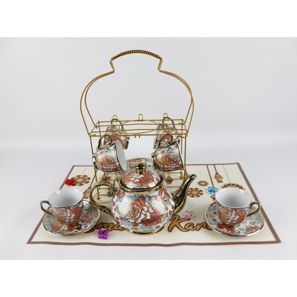 TEKO CANGKIR SET + RAK / TEA SET MOTIF BUNGA