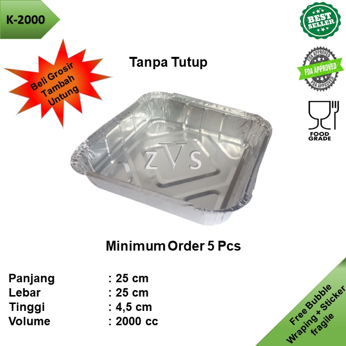 Aluminium Foil Tray / loyang / Kotak 25x25x4,5cm K-2000 Tanpa tutup