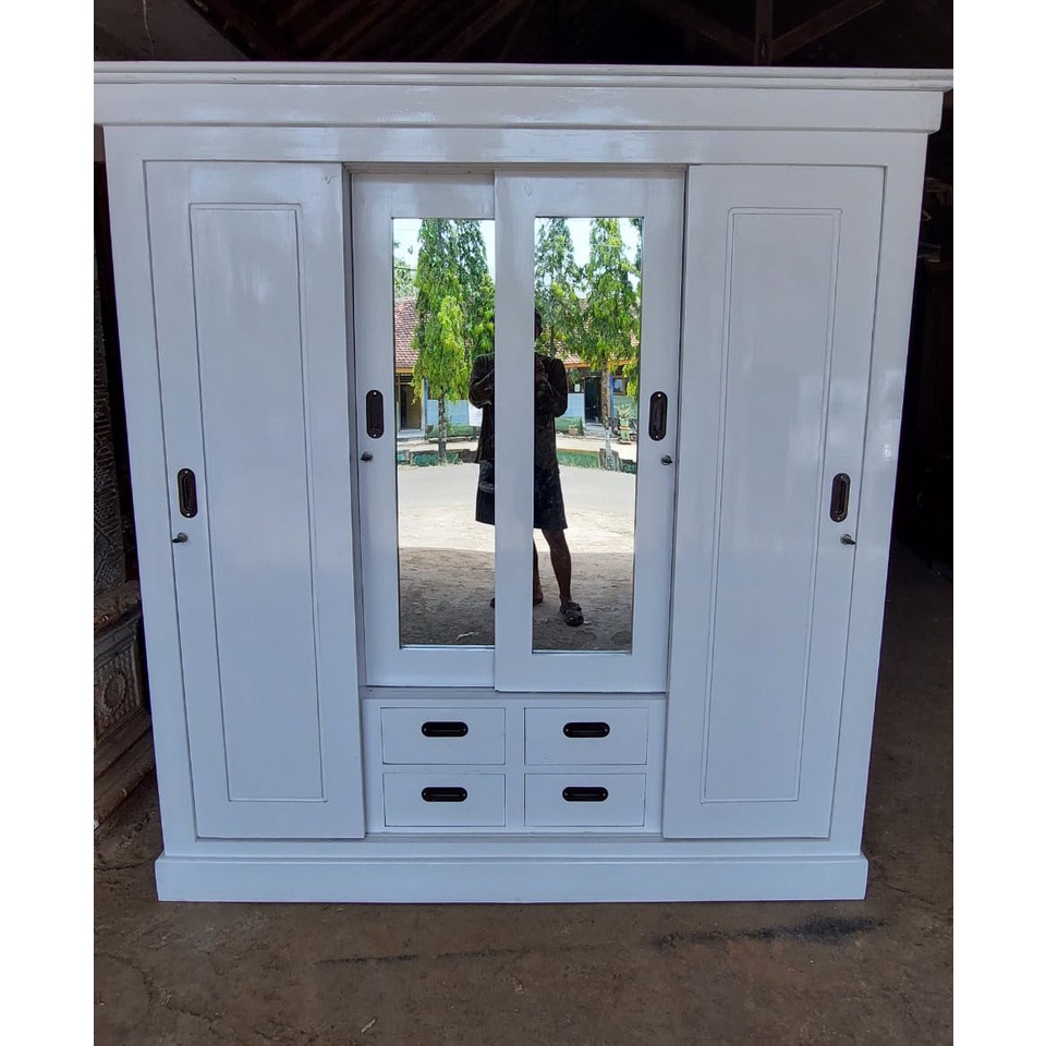 LEMARI PAKAIAN - LEMARI BAJU - LEMARI KAYU JATI 4 PINTU SLEDDING