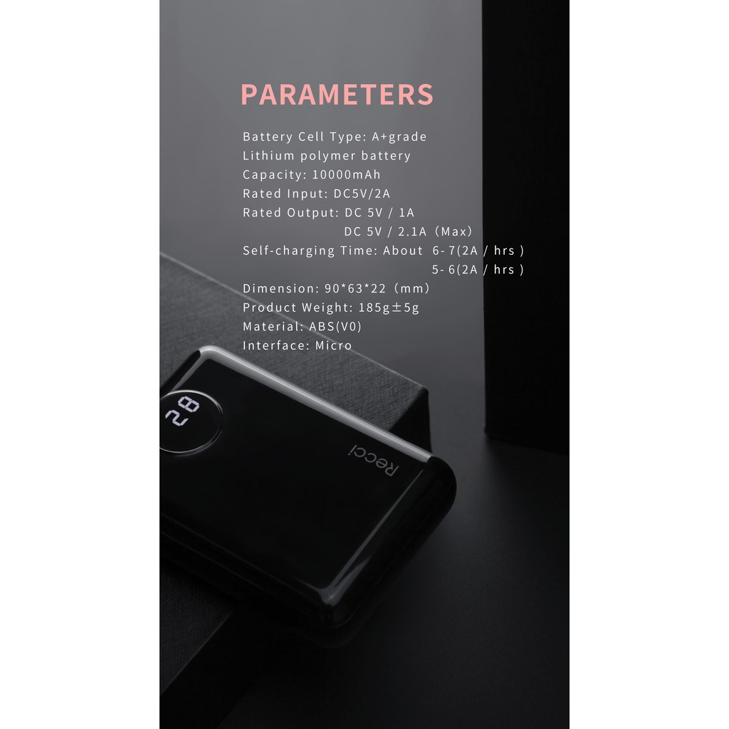 Powerbank RG-10000 Hitam/Putih/Pink RECCI GENIUS 10000mAh