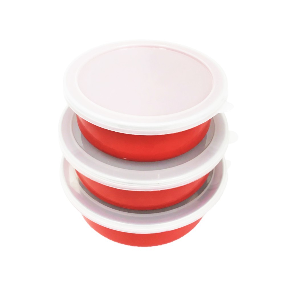 Mixing Bowl Set Solid Red with Plastic Cover (Set 14,16,18 cm) Mangkuk Mangok Wadah Makanan Rantang