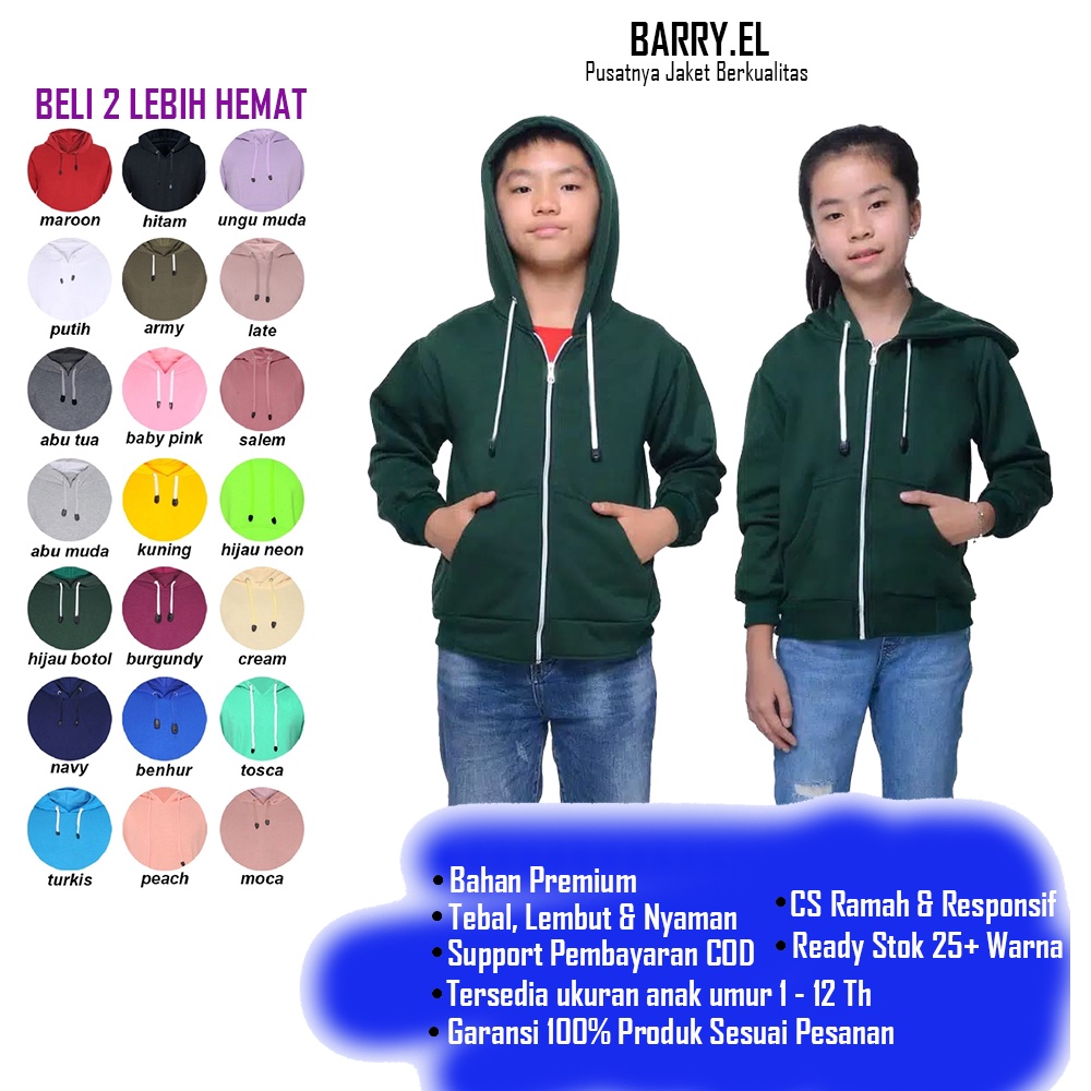 Jaket Ziper Baju Sweater Fashion Anak Polos Beresleting Laki Laki Perempuan Cowo Cewe Kecil Kembar I