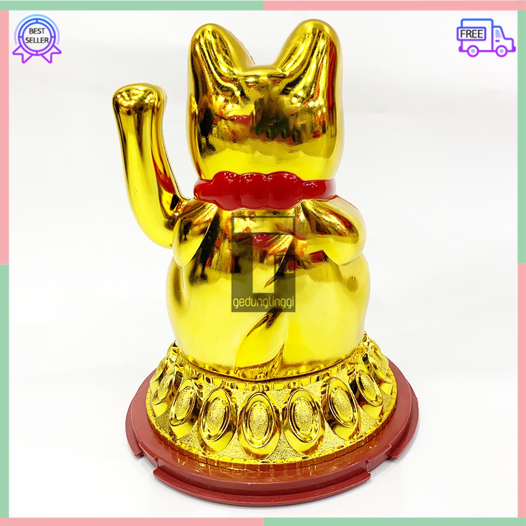 Boneka Patung Hiasan Dekorasi Pajangan Kucing Hoki Keberuntungan Lucky Cat Rejeki Maneki Neko Maneko Neki Emas Gold Tangan Gerak Goyang Baterai Batre Batrai Batrei Non Solar Listrik Jepang Cina China Meja Kasir Toko Size Ukuran Kecil Sedang Medium Besar