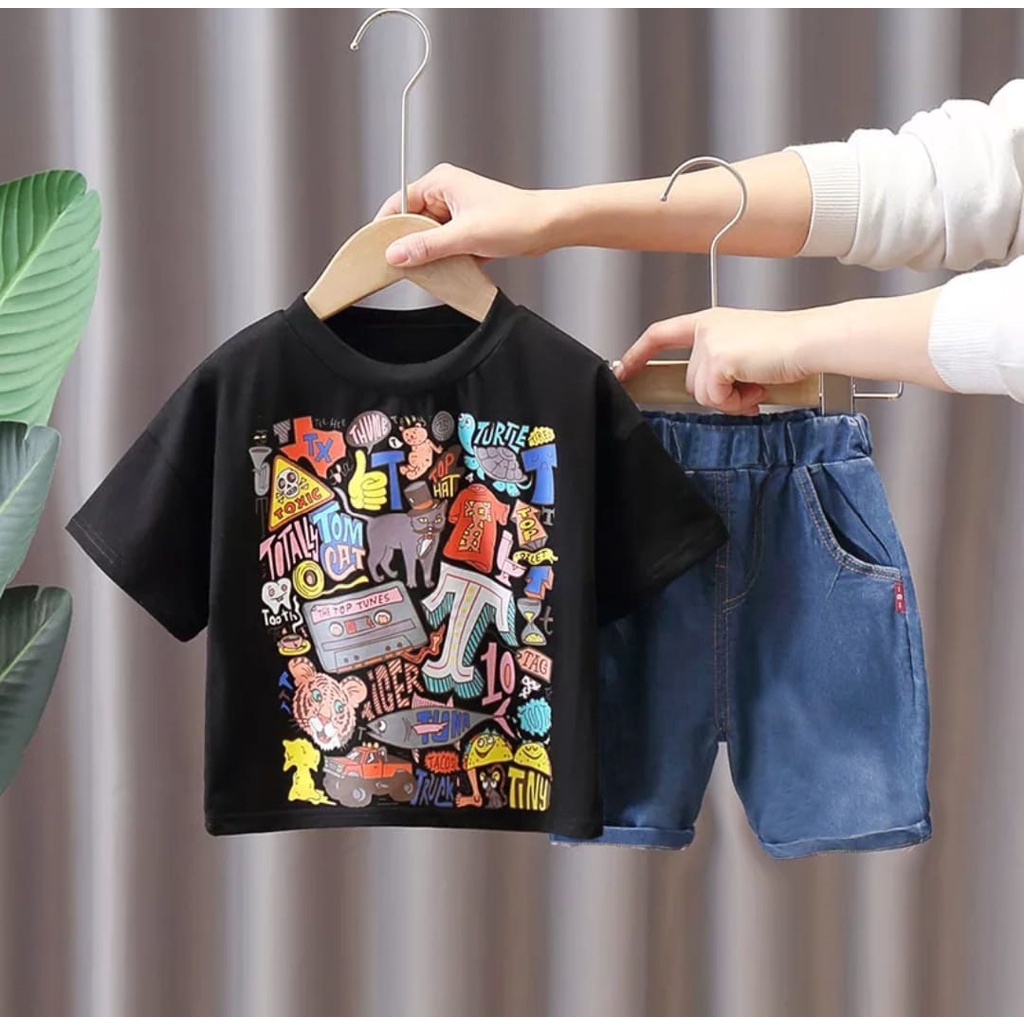 AIS - DENIM SET | PAKAIAN ANAK LAKI-LAKI DAN PEREMPUAN SETELAN KAOS CELANA PENDEK MUSIM PANAS MOTIF 
