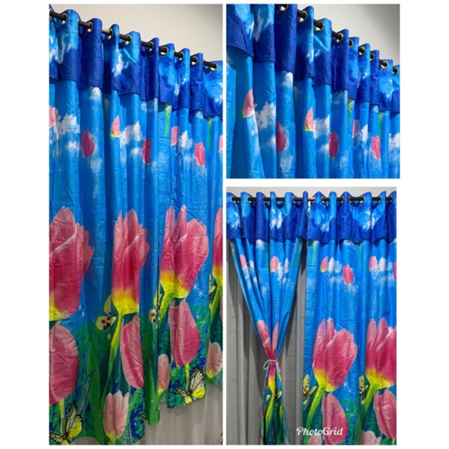 [ PINTU DAN JENDELA ] GORDEN SMOKRING + PONI MOTIF BUNGA TULIP PINK DASAR BIRU TUA