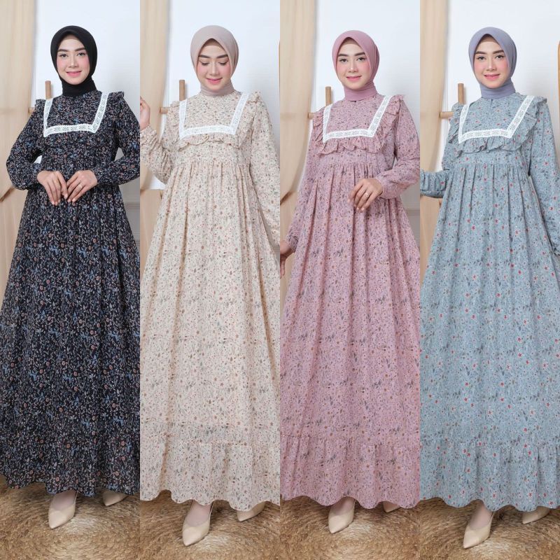 Gamis terbaru seruty babydoll original_motif print bunga kecil kombinasi renda dada