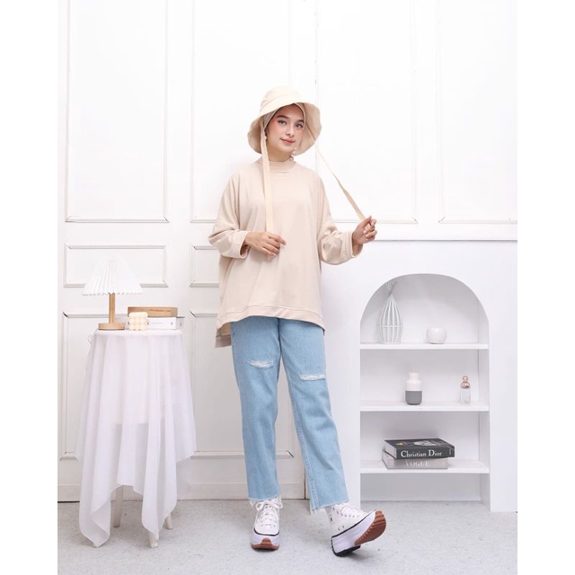 ATASAN BLOUSE WANITA BATWING JUMBO BIGSIZE OVERSIZE BABYTERRY SPANDEX - 1781-Beige
