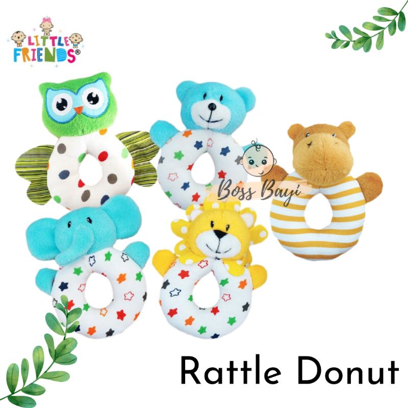 LITTLE FRIENDS Rattle Donut Karakter / Mainan Genggam Bayi / Boneka Hewan