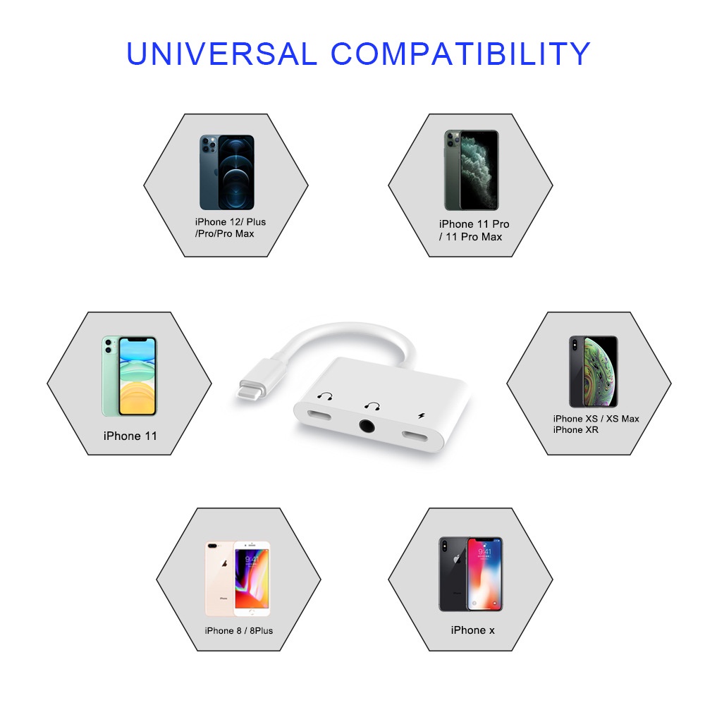FEINODI Daul Light-ning To 3.5mm Adapter 3in1 Converter i-Phone Splitter SUPPORT MIC Sambungan Audio + Charger