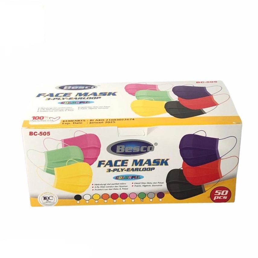 Besco - Masker Medis  3 ply BAHAN TEBAL isi 50 dengan Box Harga Murah / Warna PUTIH , HIJAU , HITAM