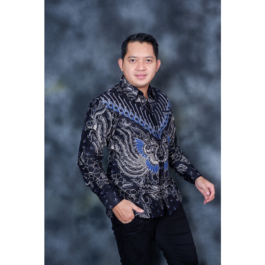 Baju Batik Pria Lengan Panjang Modern / Kemeja Batik Pria Lengan Panjang Modern Kasual Jumbo SIPAR BIRU 46