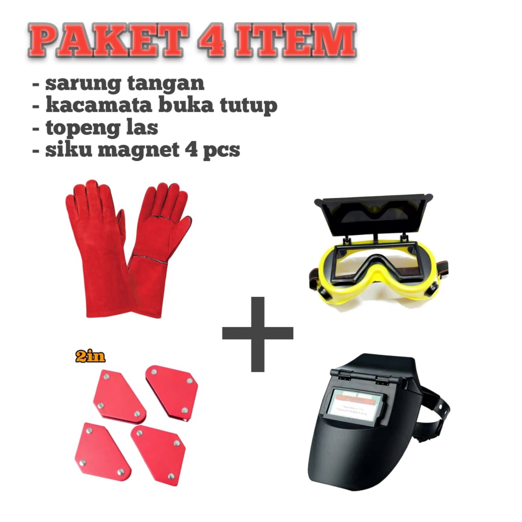 Paket Topeng Las Auto gelap - Sarung Tangan Las - Kaca Mata las Safety