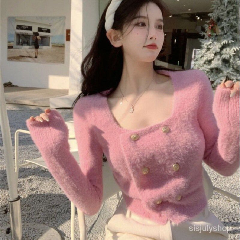 #Sisjuly# Sweater Rajut Mewah Kancing Ganda Wanita Pendek Musim Gugur dan Musim Dingin Atasan Lengan