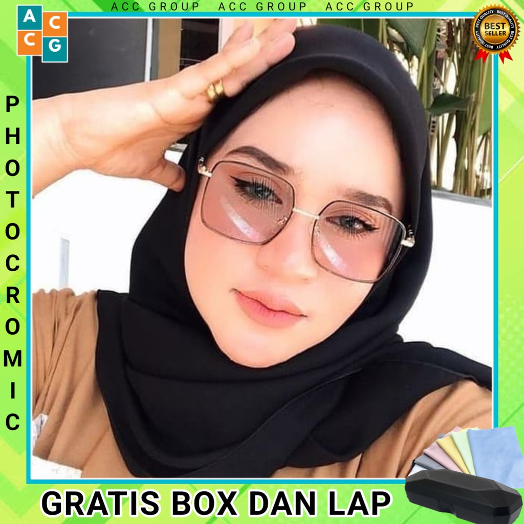 PAKET FREE BOX DAN LAP Photocromic Kacamata Kotak Berubah Warna Style Kacamata Unisex Murah