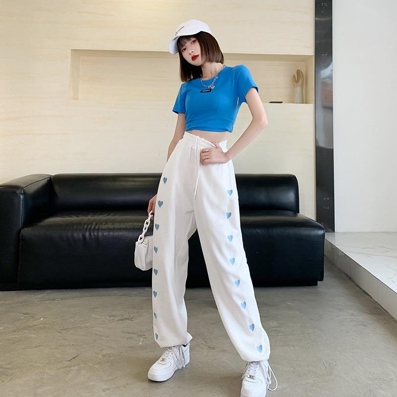 [littlecrab] Celana Panjang Motif Love Bordir Putih Biru Hitam Abu Loose Pants Hati Mini Celana Kasual Karet Training Simple Polos Unik Berkualitas Korean Style