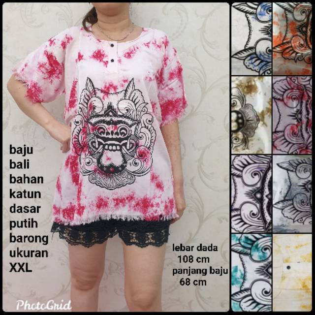 BH 144 Baju bali katun dasar putih XXL motip barong dewasa