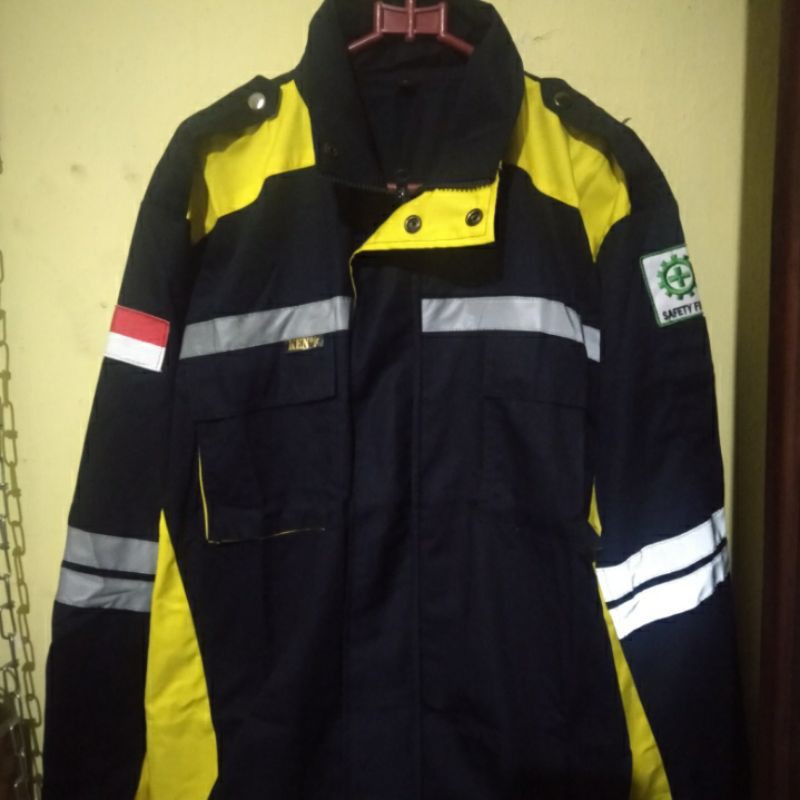 SERAGAM SAFETY SEMI JAKET KUNING KOMBINASI DONGKER RESLETING FREE LOGO K3 BENDERA LARIS KAIN DRILL