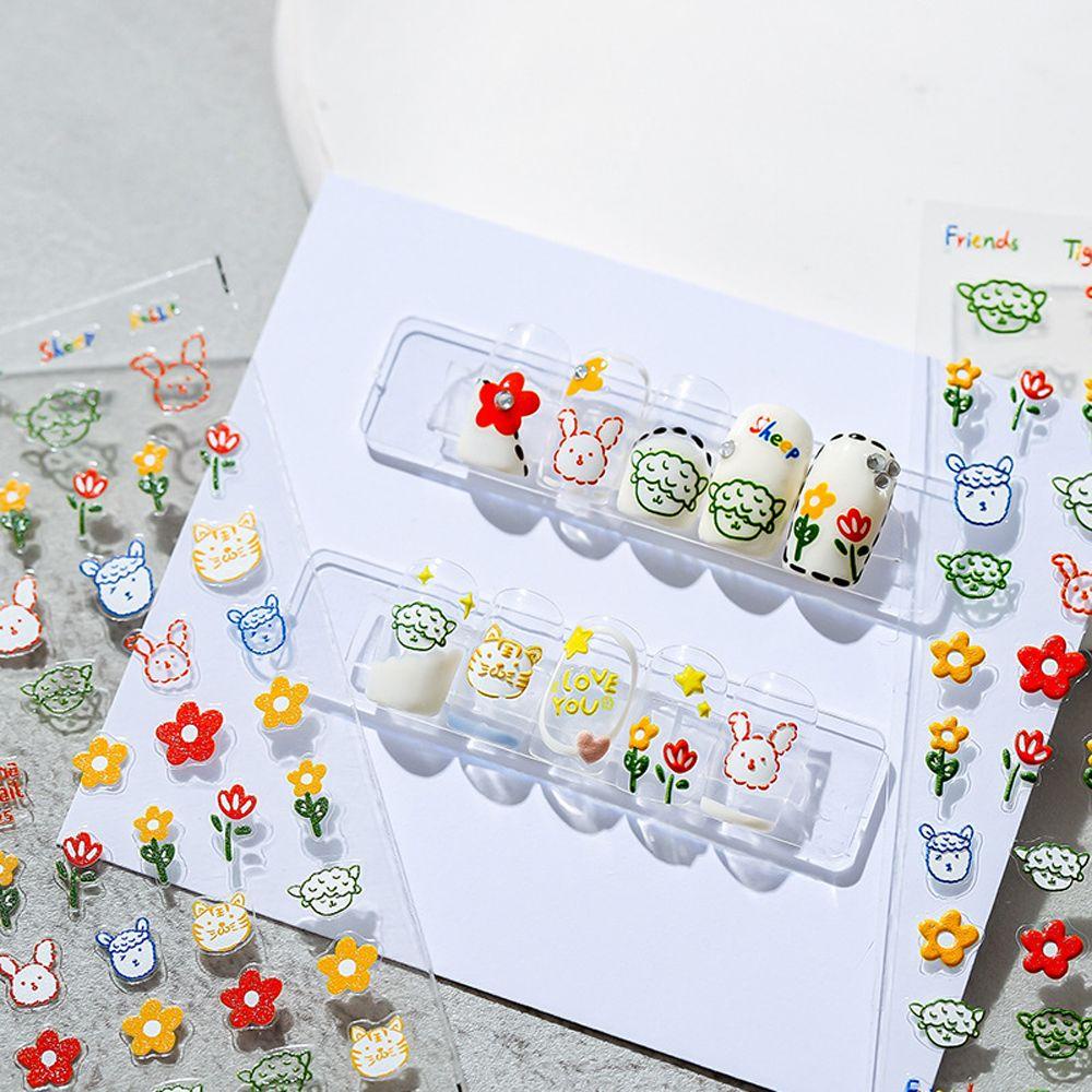 Agustina Kartun Stiker Kuku Lucu 3D Relief Ternak Penguin Beruang Perekat Diri Nail Art Dekorasi