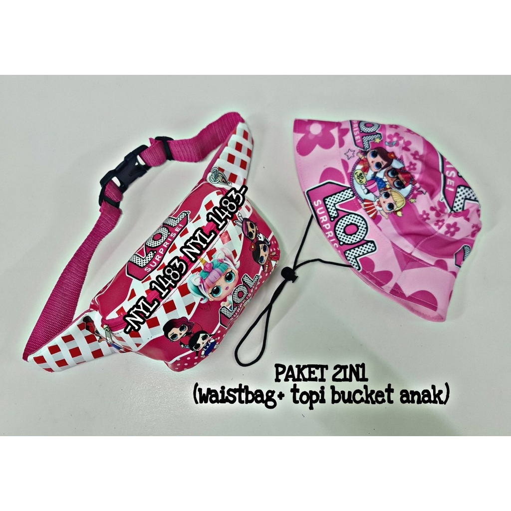 Waistbag Anak Karakter 2in1 - Tas + Topi Bucket