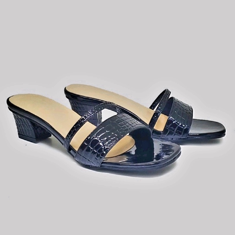 BIG SIZE 41-45 Sandal wanita Hak Tahu 3cm Kulit Croco Gloss Sendal pesta Kondangan Ibu ibu Heels Low