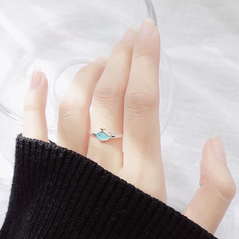 Cincin Model Terbuka Desain Ikan Paus Biru Gaya Korea untuk Wanita