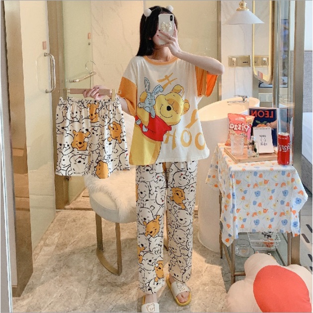 AJW Shop Piyama 3 in 1 | Piyama Lengan Pendek | Baju Tidur Impor | Baju Tidur 3in1-Pooh Cream