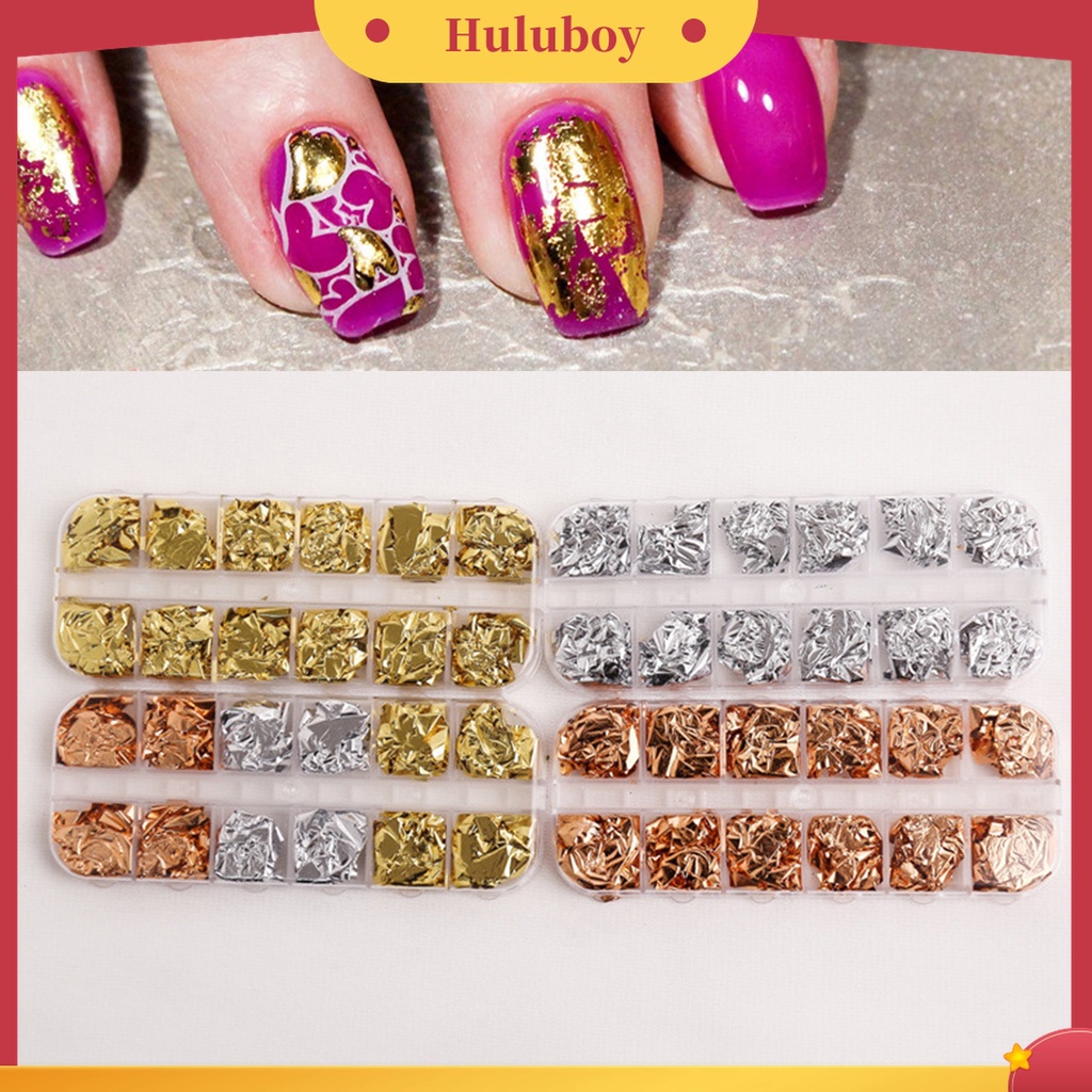 Huluboy Huluboy♡ 12 Grids / Box Kertas Foil Warna Emas Multifungsi Untuk Nail Art