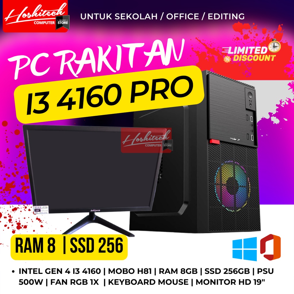 PC RAKITAN EDITING GAMING I3 4160 PRO RAM 8GB SSD256 MONITOR 19 INCH