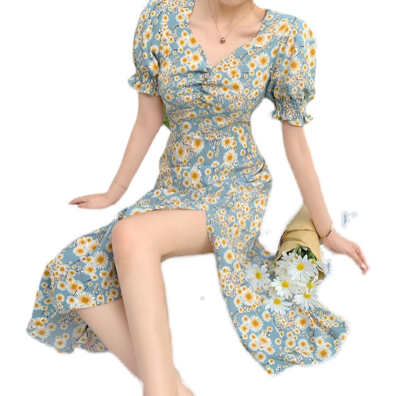 #Sisjuly# Dress Floral Wanita Dress Floral Baru Lengan Puff Rok Split Prancis