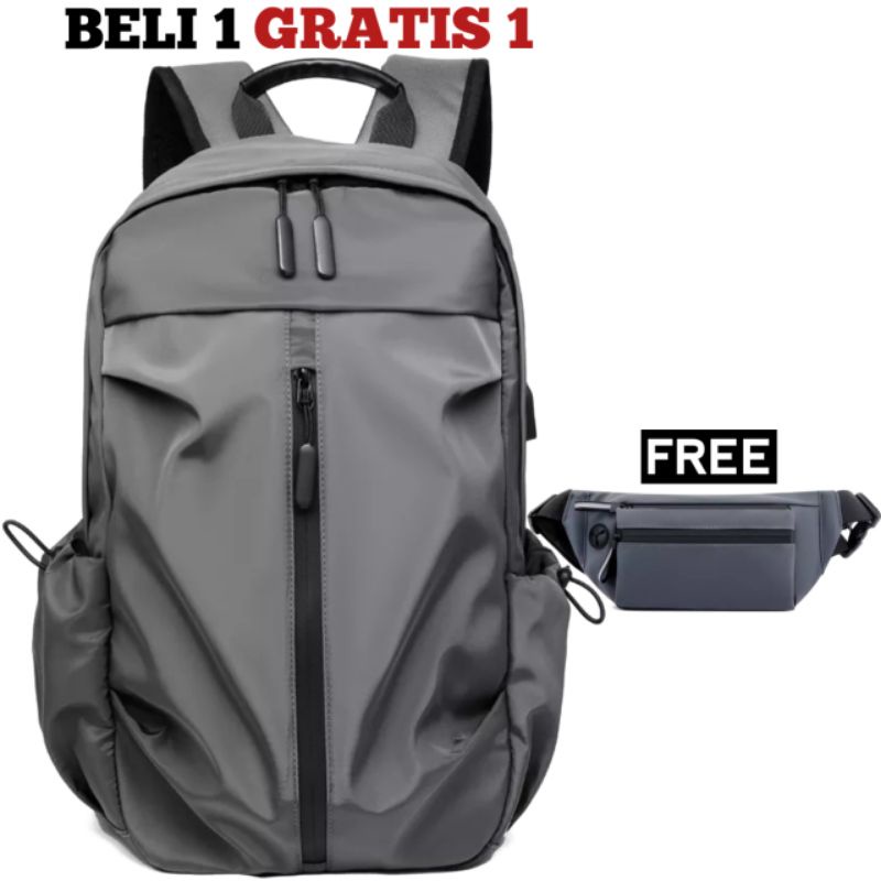 JS_BUY 1 GET 1 - Tas Ransel Pria Beli Ransel Punggung Backpack Cowok Free Waistbag