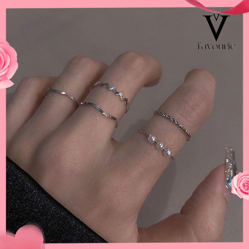 [COD]5 pcs Cincin Set Fashion Aksen Berlian Imitasi Mutiara Untuk Wanita-FA