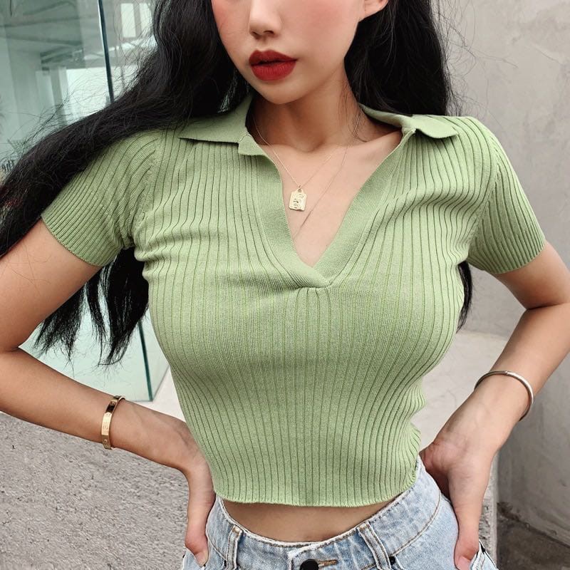 Crop Top Vneck Lengan pendek Rajut Polo  / Kaos Kerah Rajut Wanita Premium