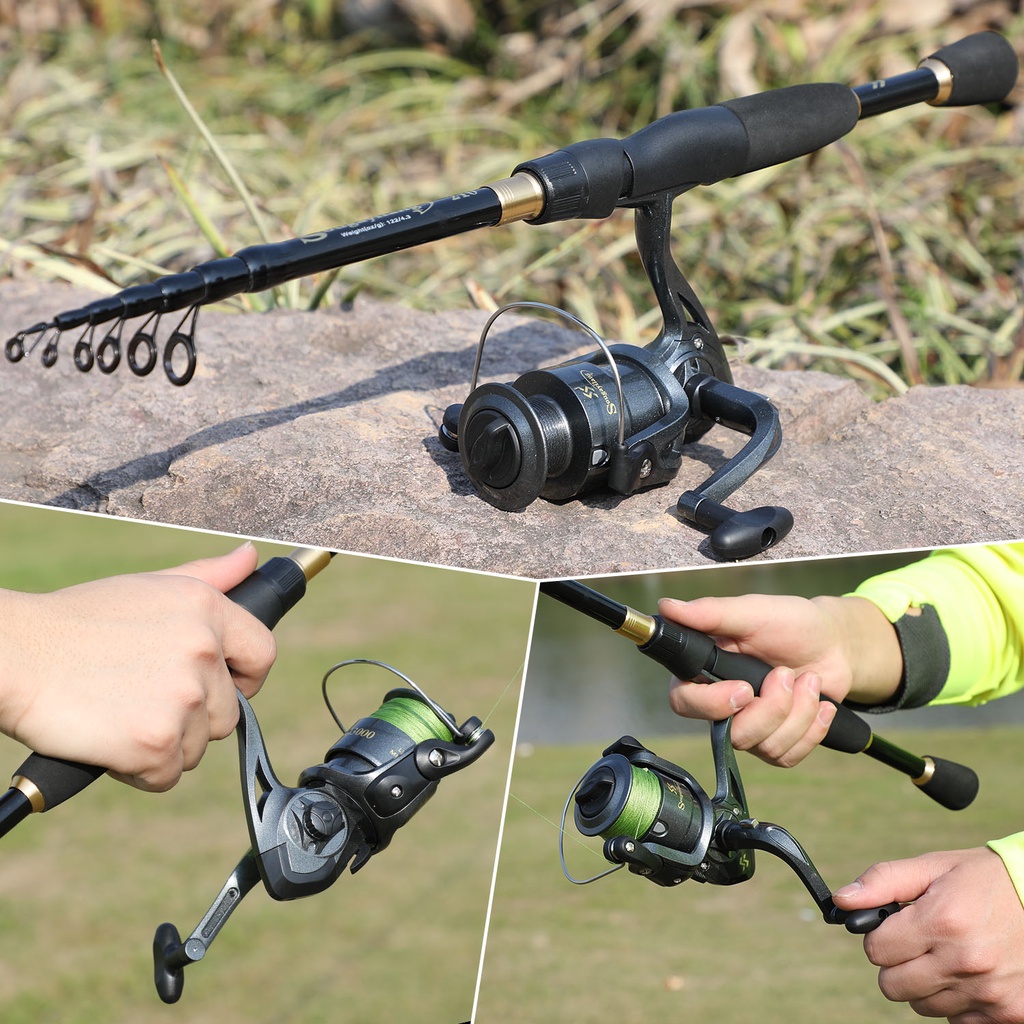 Sougayilang Joran Pancing Set 1.8M-2.4M Fishing Rod Teleskop Design Carbon Fiber Joran Pancing And Gear Ratio 5.2:1 Spinning Reel Pancing 1000-4000 Modle Gulugan Pancing Joran Pancing Set